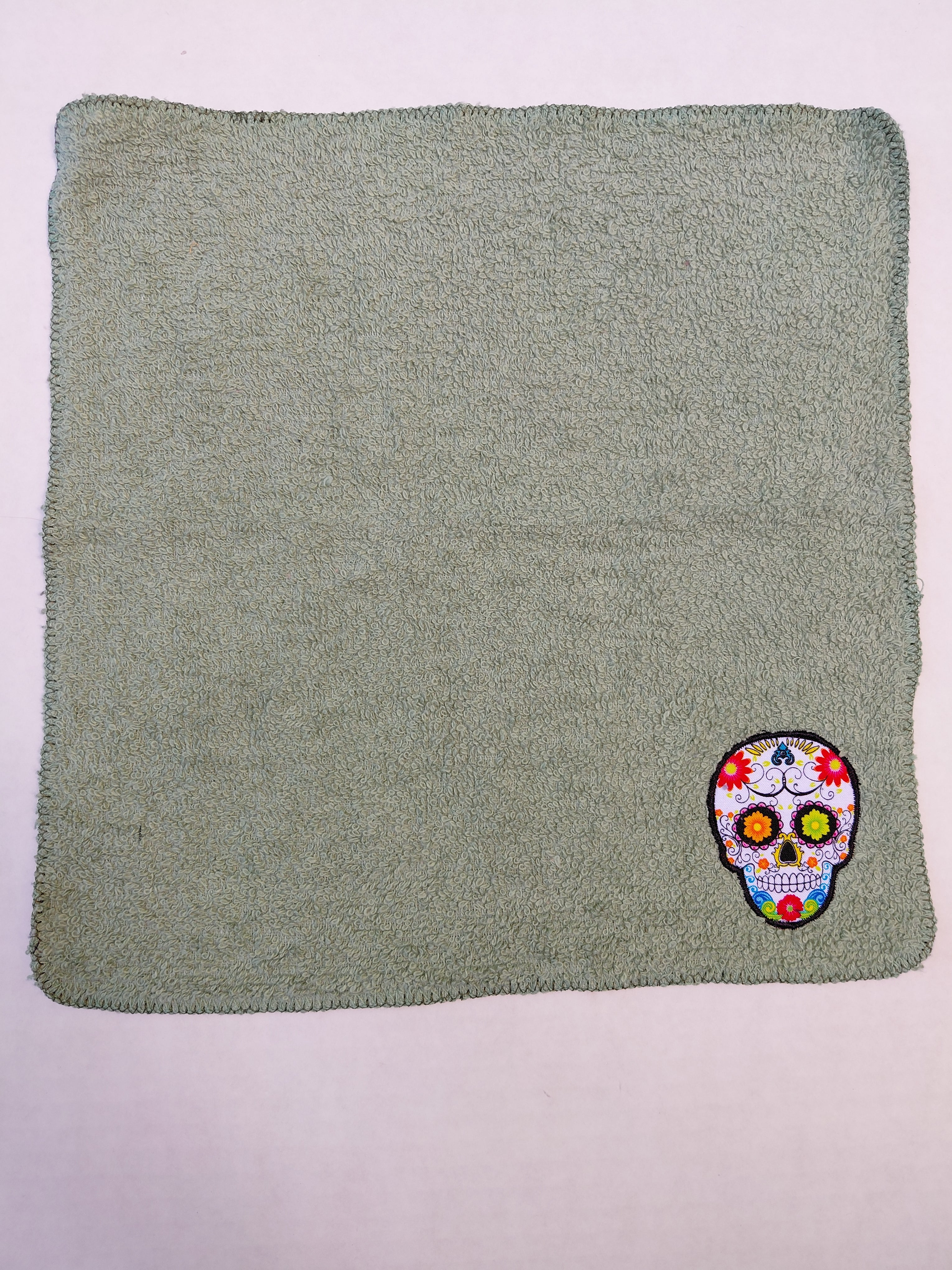 Day of the Dead Skull Washcloth – Handcrafted Sage Green Bath Cloth | Unique Gift, Handmade Bath Accessory